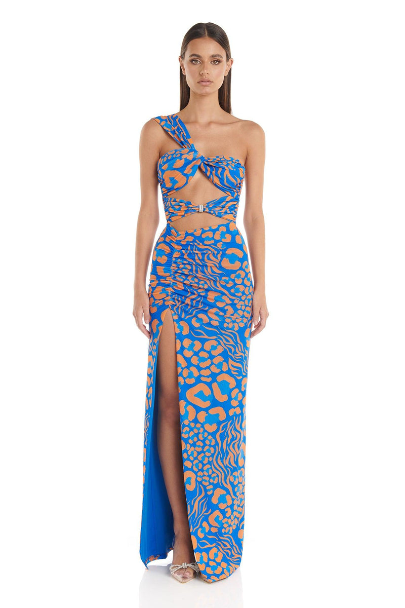 Natalia Blue Floral Printed Strapless Maxi Dress